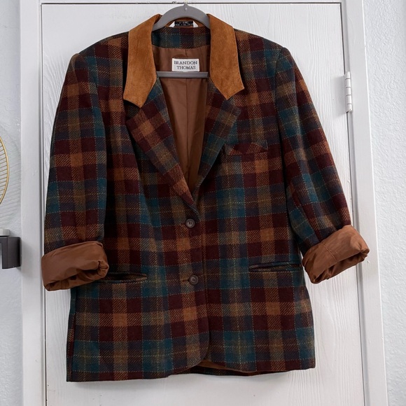 Brandon Thomas Jackets & Blazers - Vintage Brandon Thomas Plaid Wool Multicolor Jacket Tan Leather Collar Size L